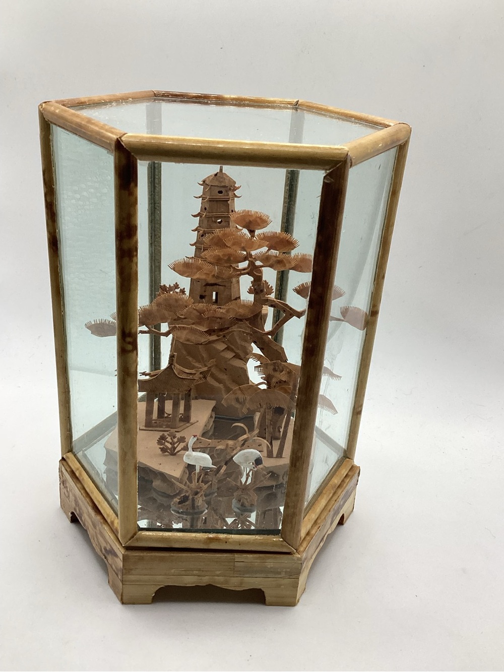Vtg Chinese Carved Cork Diorama in Glass Hexagon Case